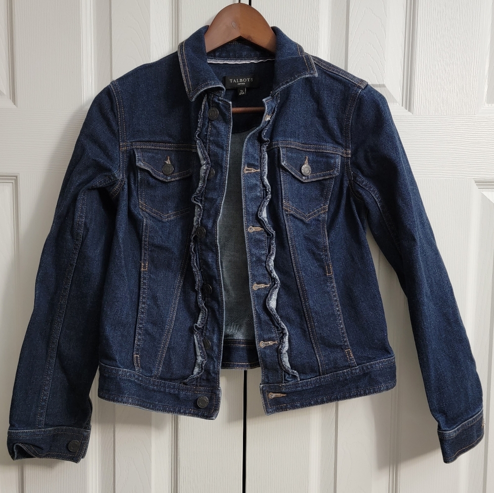 Talbots Brand Classic Blue Denim Jean Jacket - Ruffle Front Women's Petite Small